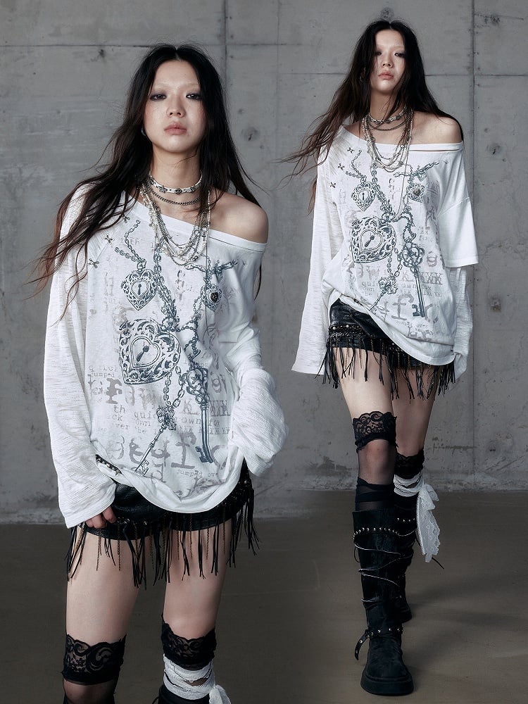 White Grunge Aesthetic Heart Off-Shoulder Print Stud Distressed Cross Punk with Top Details Charm Wasteland