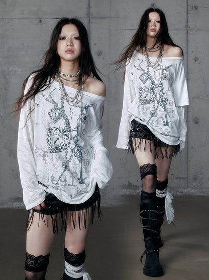 White Grunge Aesthetic Heart Off-Shoulder Print Stud Distressed Cross Punk with Top Details Charm Wasteland