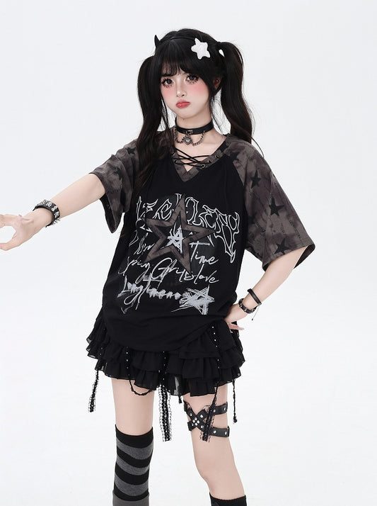 Design Lace-up V-Neck Star T-Shirt Loose Black Colorblock Print