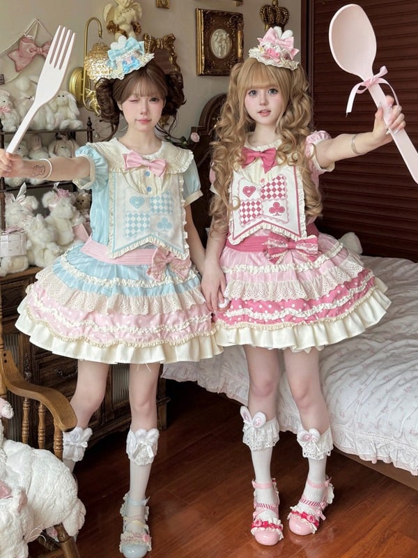 + Lace Pan Set Polka-dot Lolita JSK Dress Blue Trim Peter Kawaii Collar Bloomers