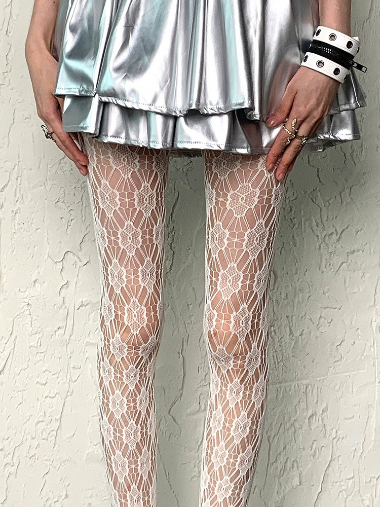 Floral Design Cut-out White Pattern Tights Y2K