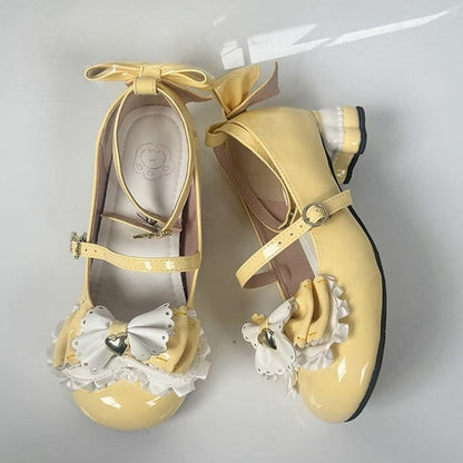 Sweet Mary Lolita Decor Bows Heel with Yellow Mid-heel Janes Bear