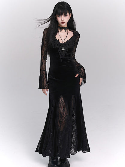 Black/Wine Red Gothic Lace Bell Sleeves Velvet Mermaid Dress