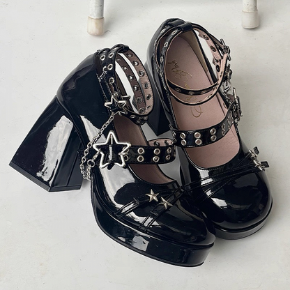 Star Janes Decor and Ornamental Mary with Polished Clasp Platform High-heel Black Chain Removable