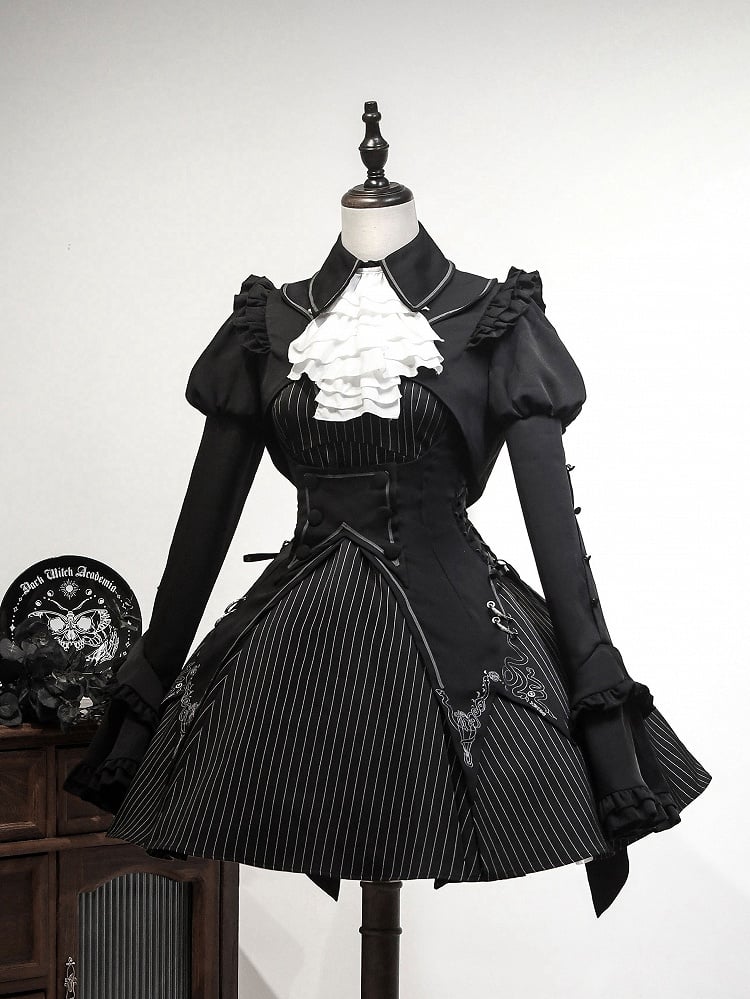 Schwarzes Lolita-Kleid mit Streifenmuster + Weste + kurzes Oberteil, komplettes Set