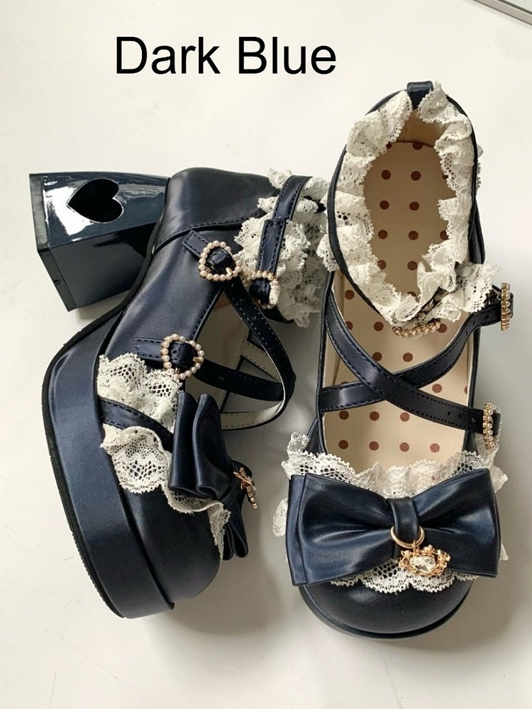 4 Colors 2cm Platform Pendant Detail Lolita Mary Jane Shoes with Bow and Lace Trim - Unmissable Berry