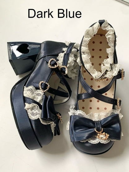 4 Colors 2cm Platform Pendant Detail Lolita Mary Jane Shoes with Bow and Lace Trim - Unmissable Berry