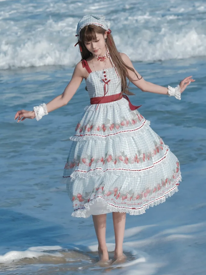 Strawberry Print Blue Lolita Gingham Dress Sweet Summer Lolita Jumper Skirt