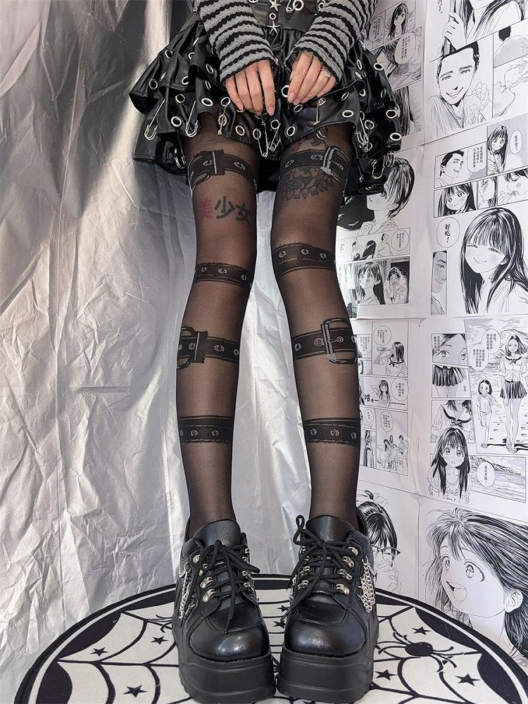 ブラック/ヌードカラーのバックルストラッププリントパンクタイツ