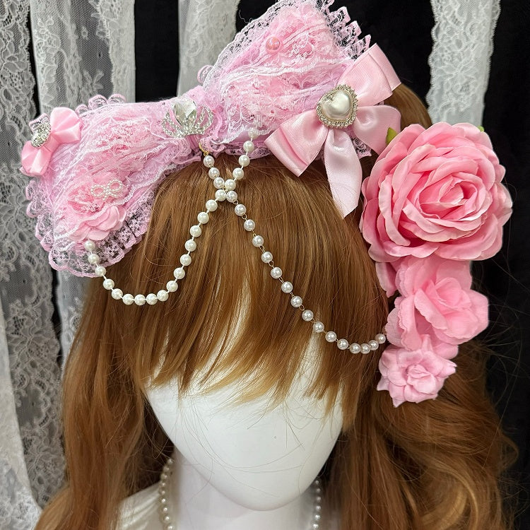 Floral Trim 3 Hairclips Bowknot Lace Bead Crown And Hairclip Rhinestone Chain With Decorated Heart Pink