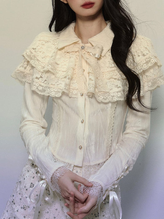 アプリコットレースショールクロップドシャツ レースアップディテールスリーブ