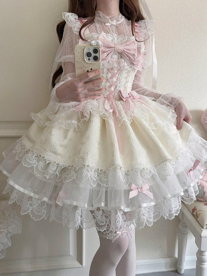Apricot Bow Lolita Embossed Details with Adorable JSK Lace Princess Dress Jacquard Ruffled