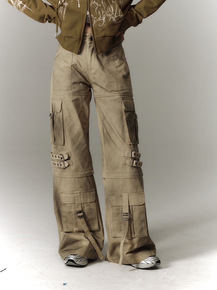 Punk Convertible Cargo Washed Capris Multi-Pockets Fashion Yellow Millard Pants with