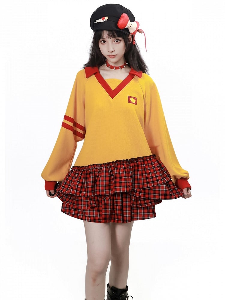 Waffle Knit Yellow and Red Long-Sleeved Top with Asymmetrical Plaid Hem - PINK SAVIOR
