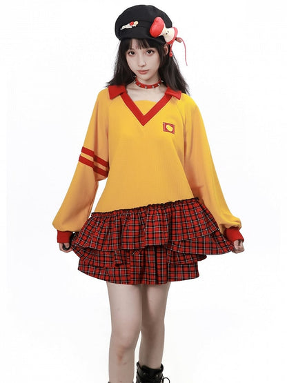 Waffle Knit Yellow and Red Long-Sleeved Top with Asymmetrical Plaid Hem - PINK SAVIOR