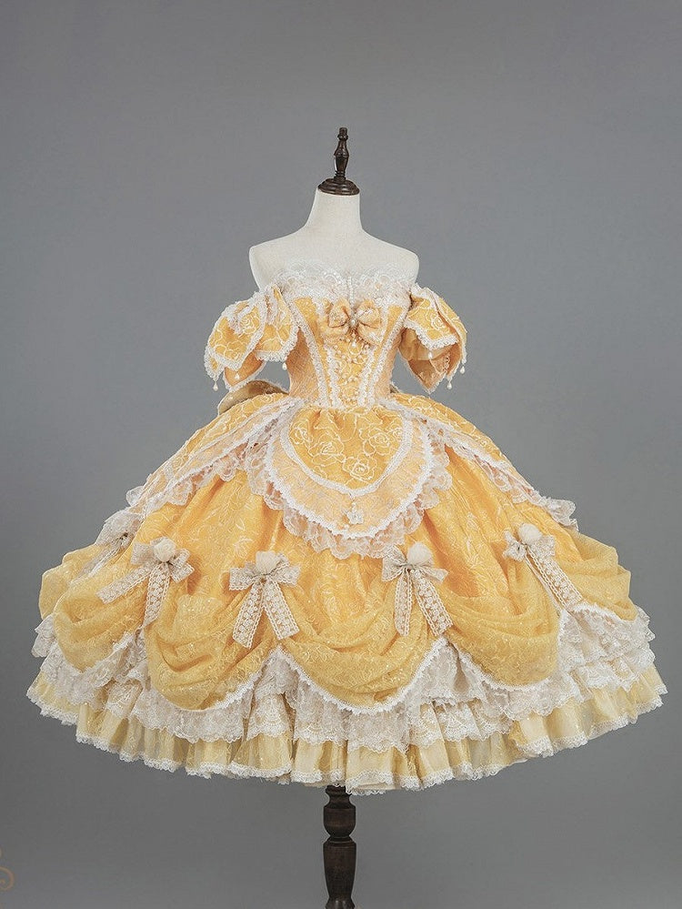 Hanayome Details Bow Yellow Layered Lace Gown and Ruffles Version with Short Lolita Hime Off-Shoulder