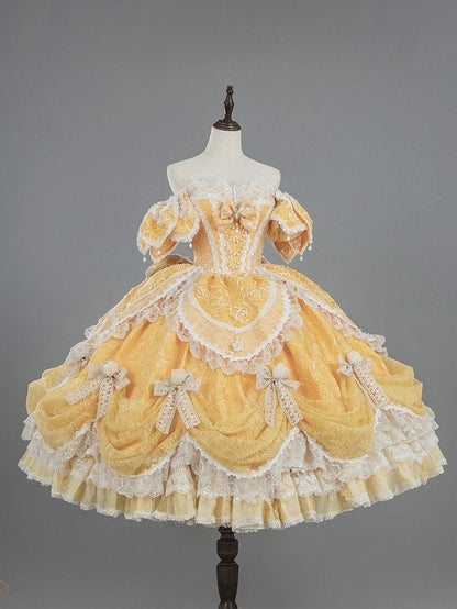 Hanayome Details Bow Yellow Layered Lace Gown and Ruffles Version with Short Lolita Hime Off-Shoulder