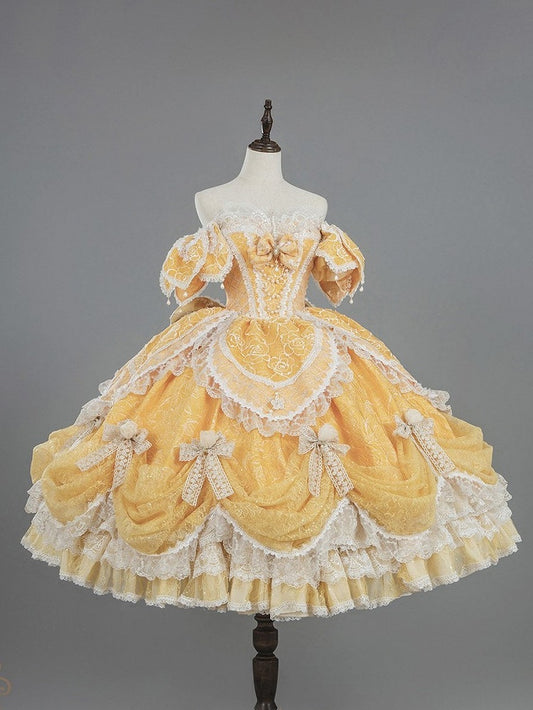 Détails Hanayome Robe Jaune en Dentelle Superposée et Volants Version Courte Lolita Hime Épaules Dénudées