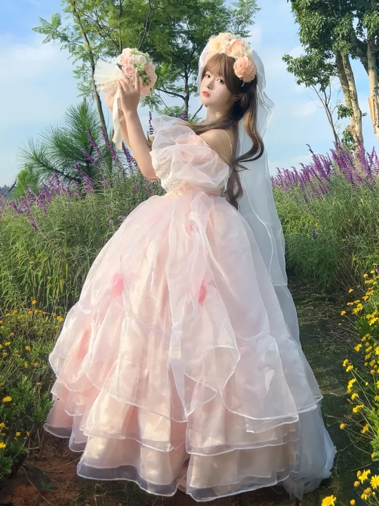 Hanayome Verfügbares rosafarbenes baskisches Taillen-Schnürkleid, wunderschönes Hime-Kleid in Übergrößen