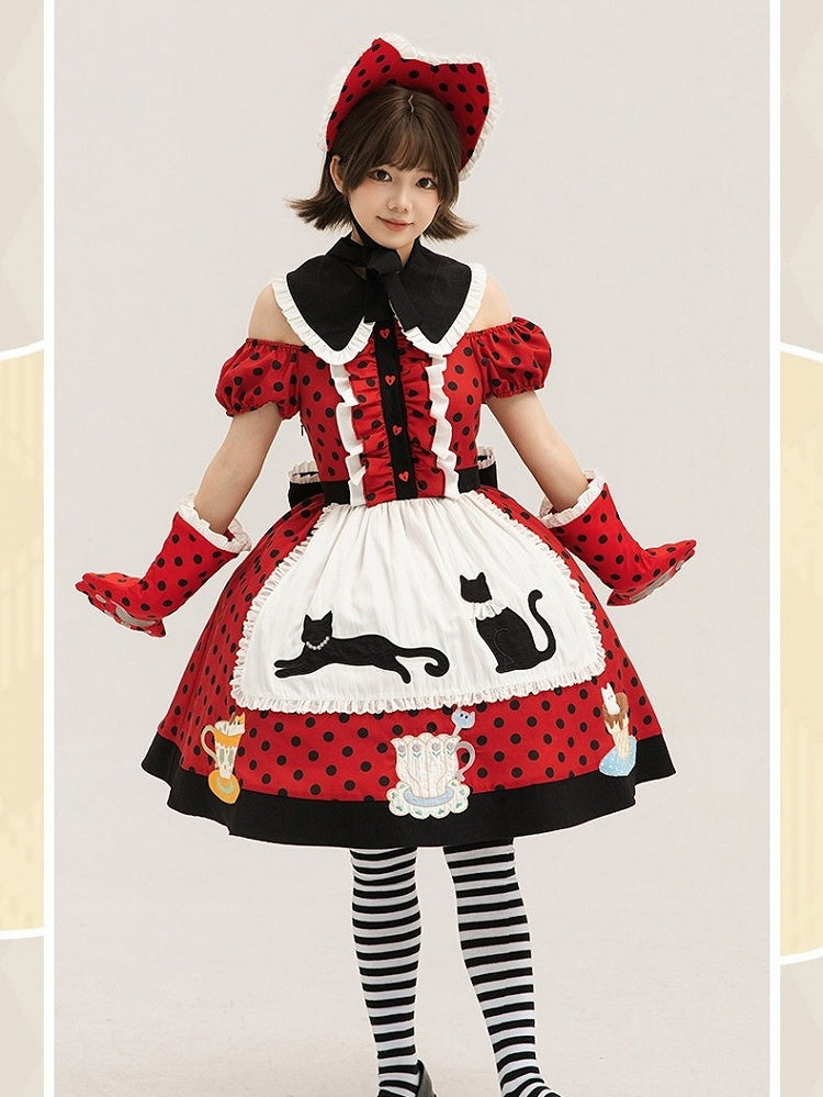 Retro Cat Polka Dot Lolita Dress with Apron - Rock Candy Box