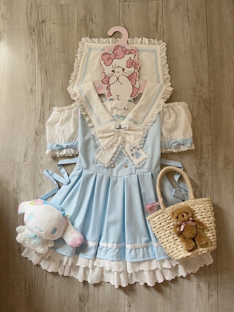 Trim Collar Blue Sailor Lace Daily Shoulder Cutout Kawaii Dress White with Design