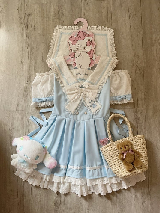 Trim Collar Blue Sailor Lace Daily Shoulder Cutout Kawaii Dress White with Design