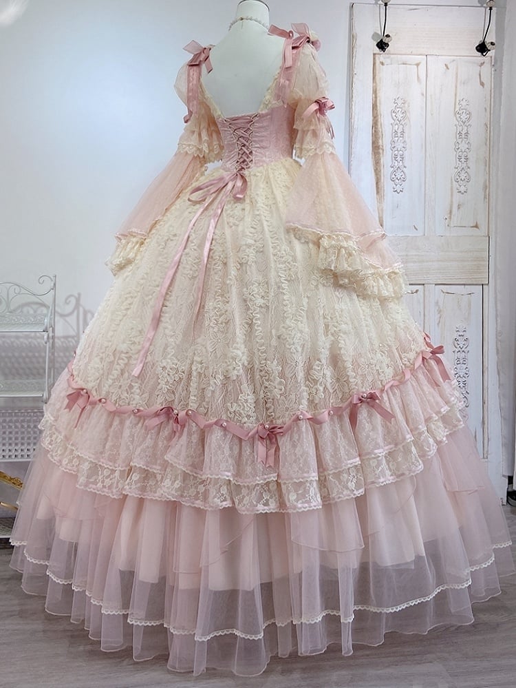 Hime Bowknot Pink Dress Piece One Lolita Hanayome Gorgeous Floral Beige and Corset