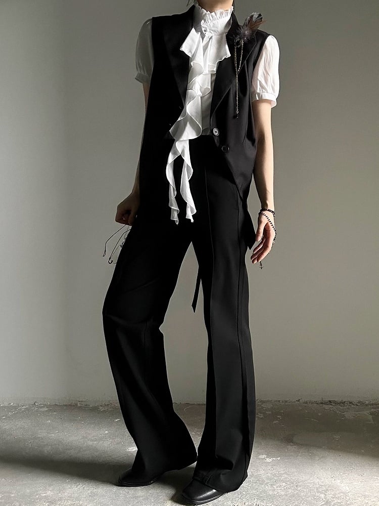 Princely Feather Brooch Notched Black Collar Set Waistcoat Style -