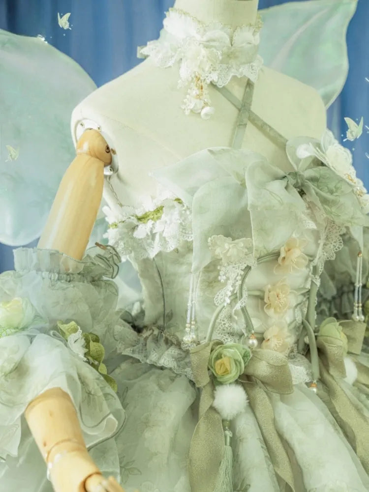 Set Decorated Princess Fairy Dress Flowers Lolita Butterfly JSK Light Full Green Forest