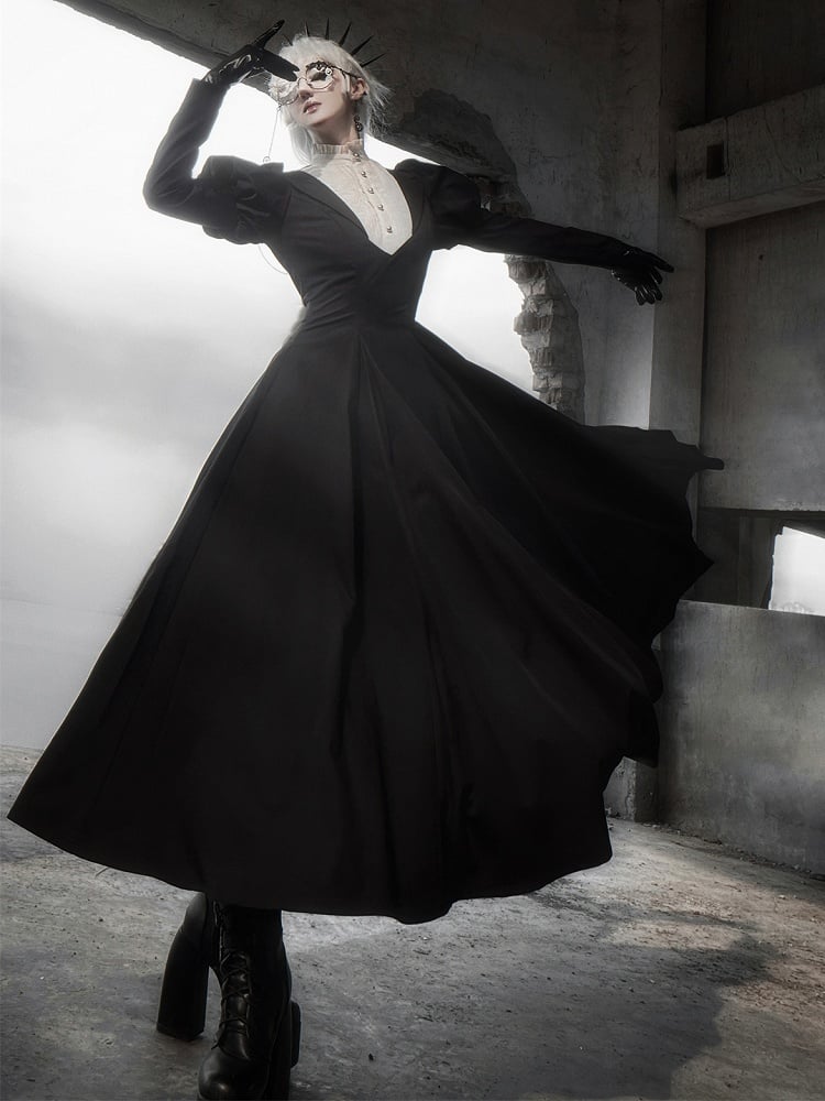 Waist Dress Juliette Beige Piece Neckline Lolita Sleeves Ruffle One Black Slim