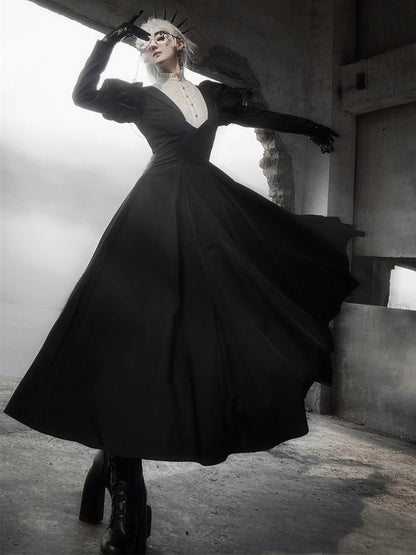 Waist Dress Juliette Beige Piece Neckline Lolita Sleeves Ruffle One Black Slim