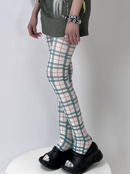 ホワイト＆グリーン/パープル Y2K チェックタイツ