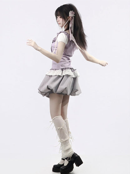 Gray Lace Trim Bubble Skirt with Bow - PINK SAVIOR
