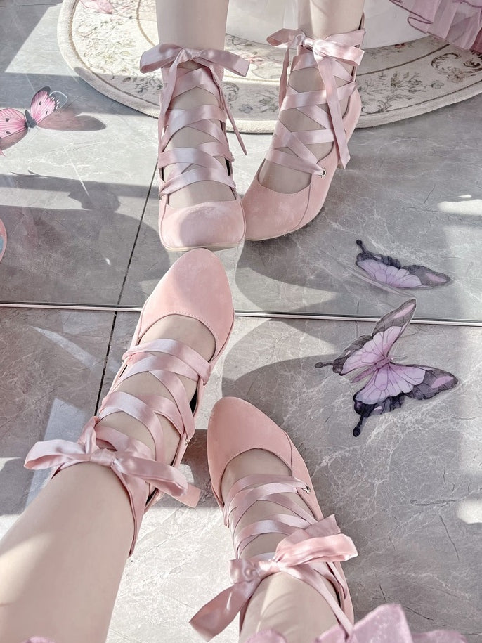 Design Lolita Shoes Pink Closure High-heel Toe Elegant Pointed with Lace-up