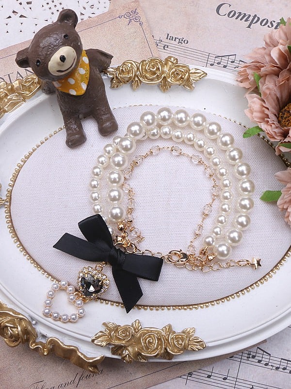 Black / Three-Layer Kei Rhinestone Chain Pink Bracelet Heart Jirai Pearl