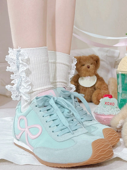 Green Front Bowknot Lace-up Design Sneakers Ties