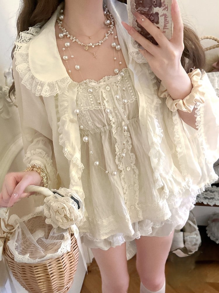 Sun-protective Apricot Bell Sleeves Ruffled With Cardigan