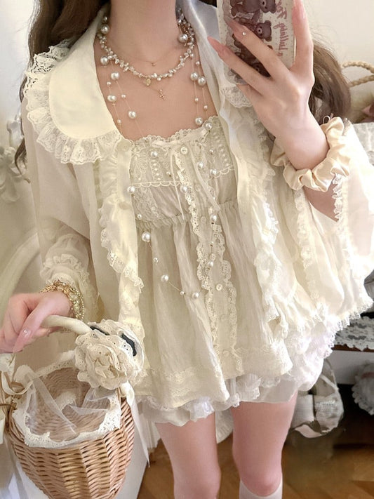 Sun-protective Apricot Bell Sleeves Ruffled With Cardigan