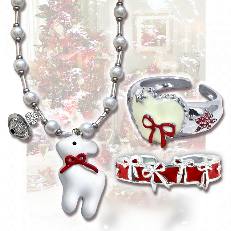 Y2K Red Bow Ring/Beaded Necklace