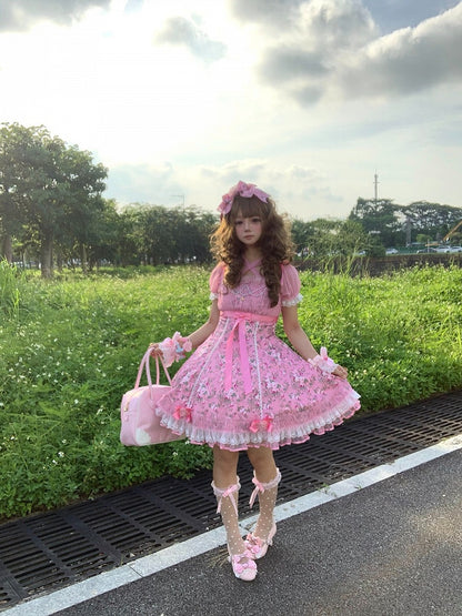 Pink Old School Lolita Floral Print OP Dress with Halter Straps - Asuka