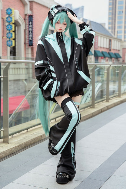 Black and Green Cyberpunk Jirai Kei Outfit - Hooded Jacket Shorts Leg Warmers Headpiece Full Set