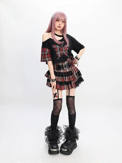 Red Butterfly Applique Black Asymmetrical Neckline T-Shirt Y2K Plaid