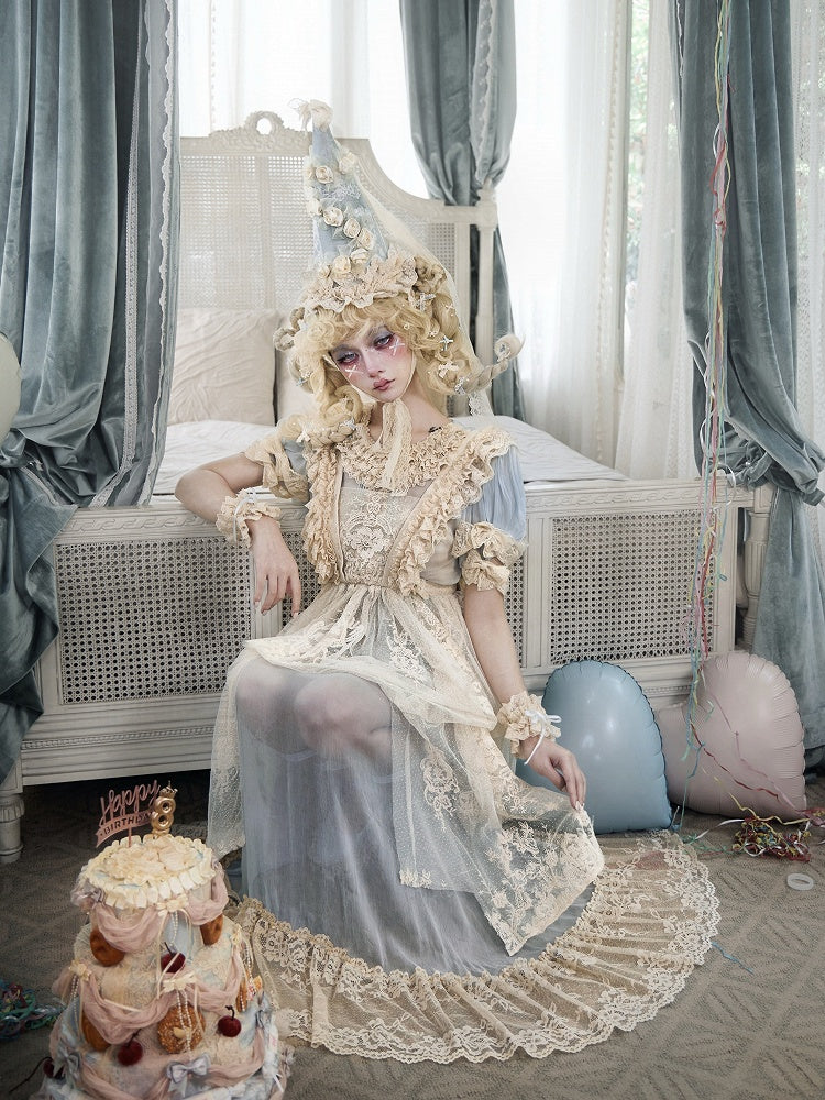 Antique-Inspired Baby Blue Sheer Tulle Dress with Apricot Lace Details - Blood Supply