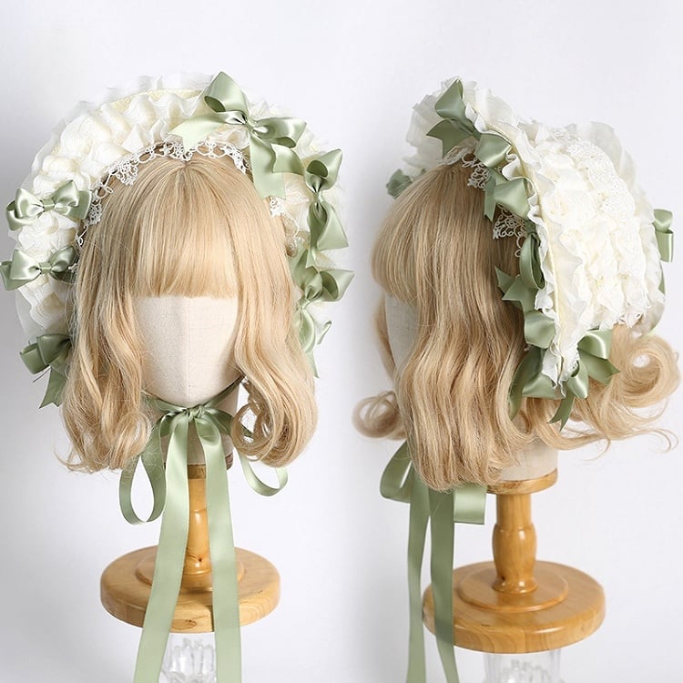 Farben: Abnehmbare Lolita-Haube mit Schleife, Spitzenbesatz und süßem, elegantem Beige 12