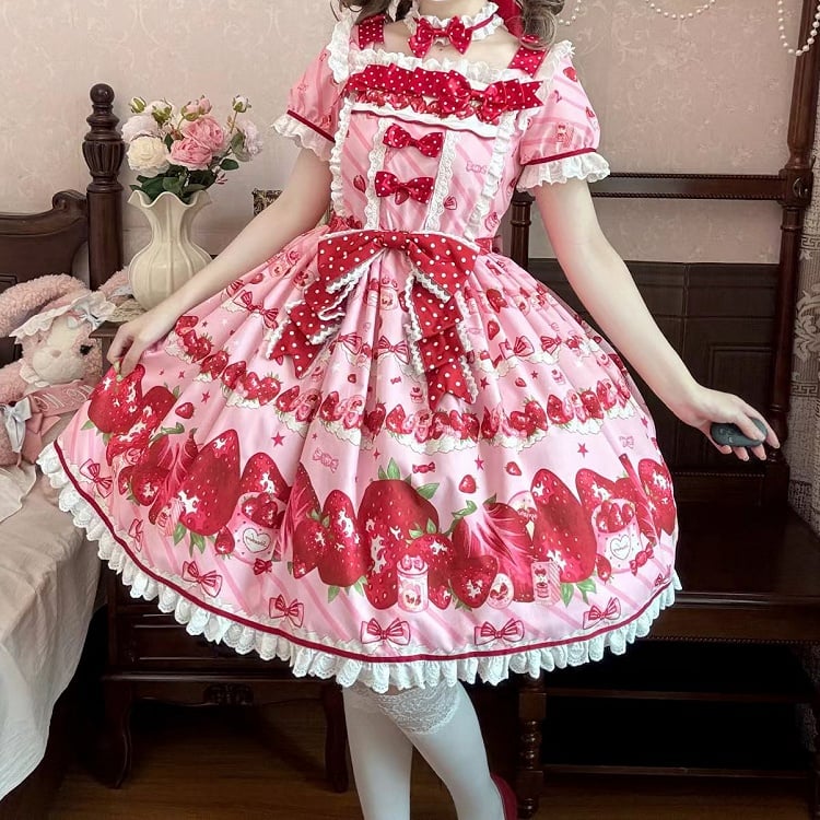 Set Erdbeerkleid Sweet Lolita Kurze Ärmel Volldruck Rosa