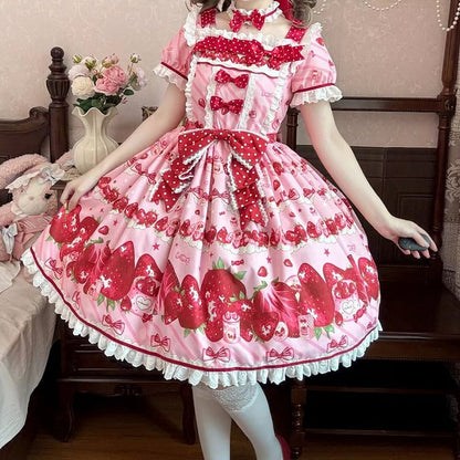Set Erdbeerkleid Sweet Lolita Kurze Ärmel Volldruck Rosa