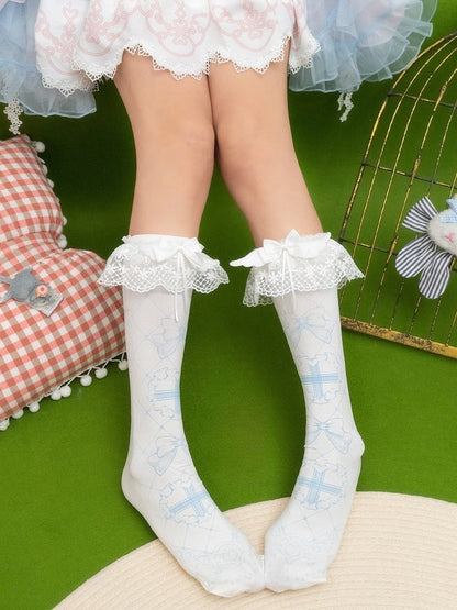 Calf Cross Cuffs Heart And Pink/Blue Socks Bowknot Print Lace With