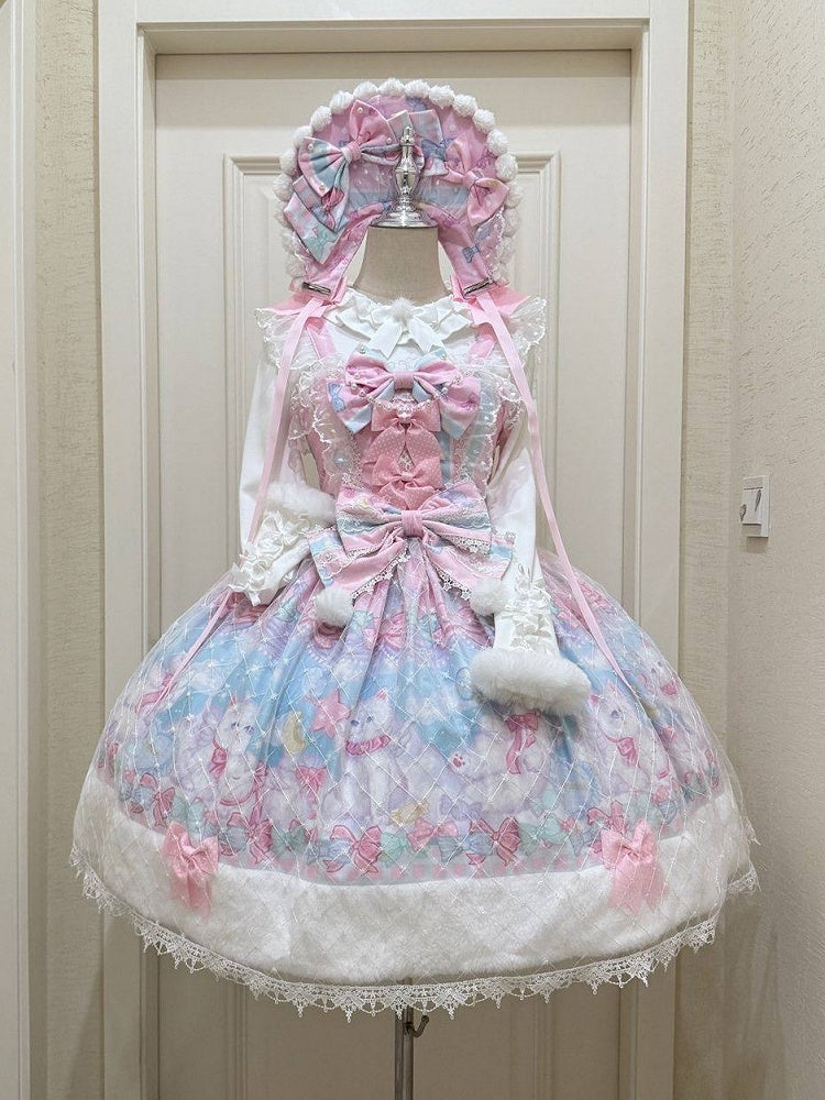 Pink with Sweet Cat Fur Trim Bow Print Accents Lolita Hem and Dress