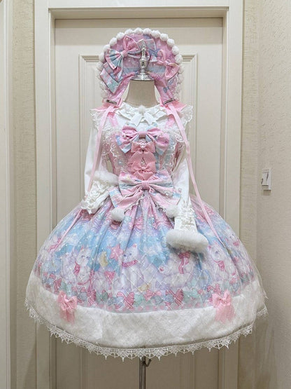 Pink with Sweet Cat Fur Trim Bow Print Accents Lolita Hem and Dress