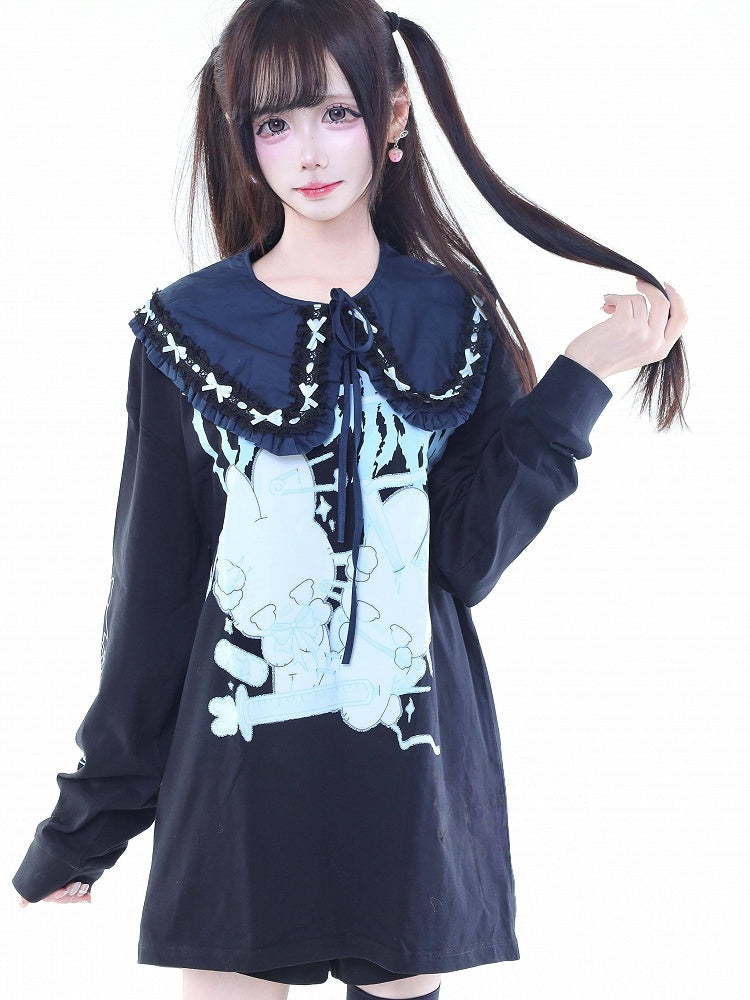 Bunny Black Jirai Kei Lace-Up with T-Shirt Print Long-Sleeve